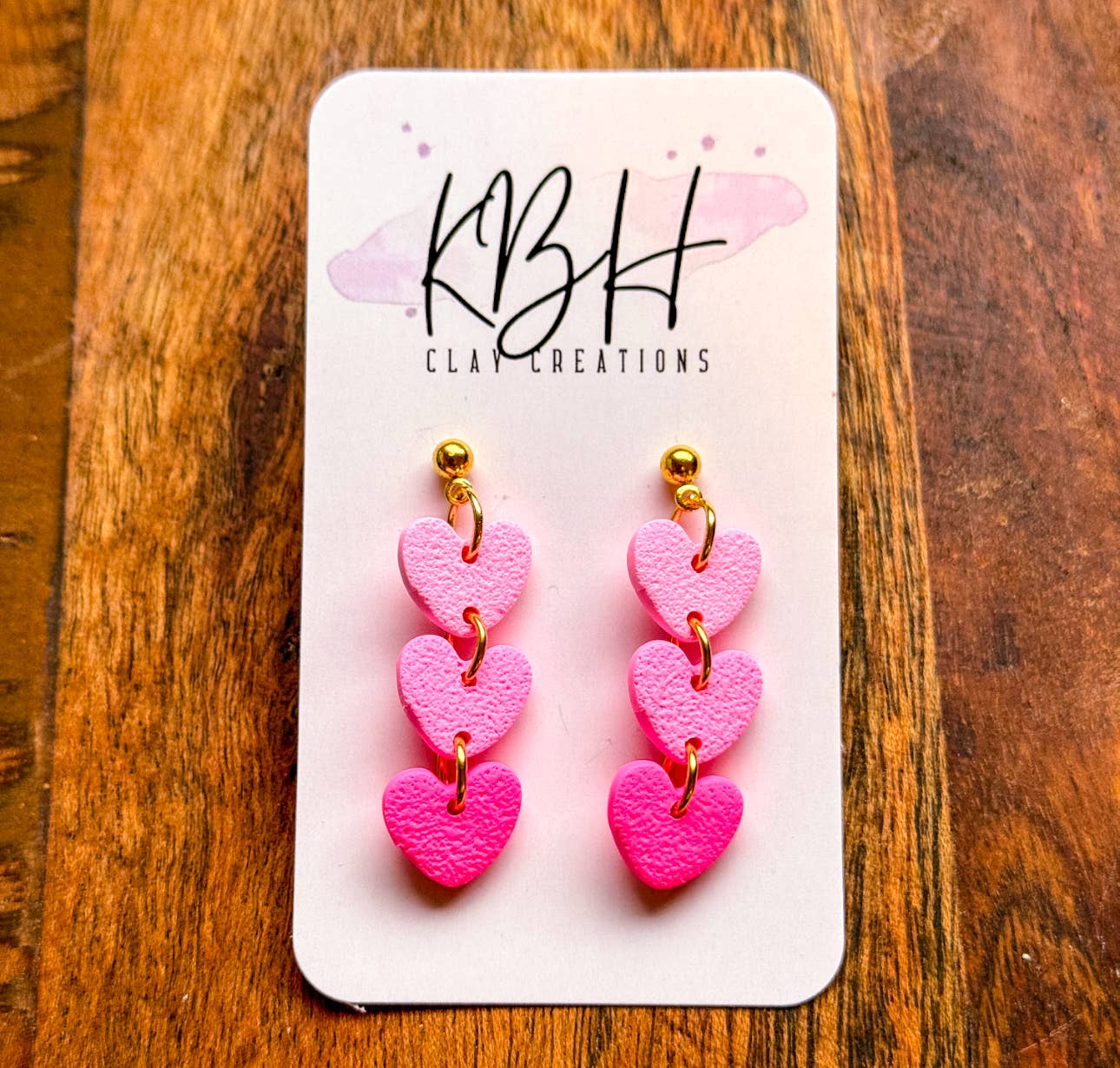 3 Tier Pink Heart Dangle Clay Earrings