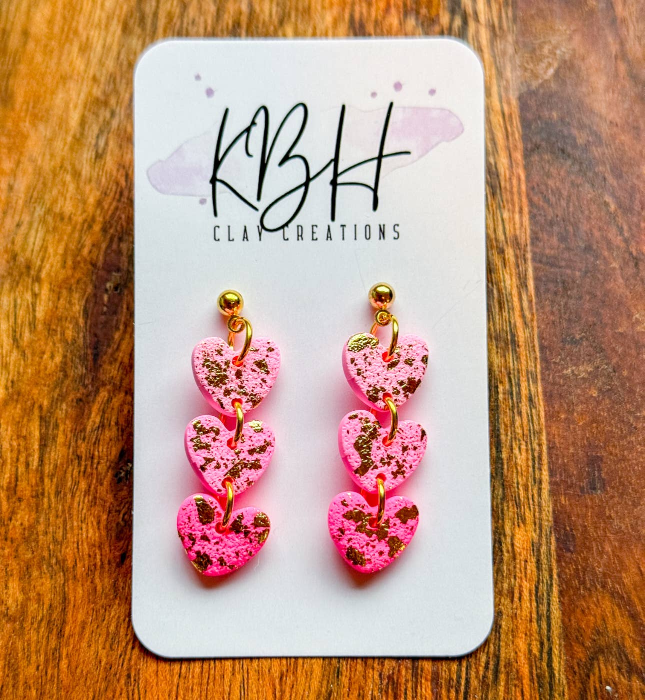 3 Tier Pink and Gold Heart Dangle Clay Earrings