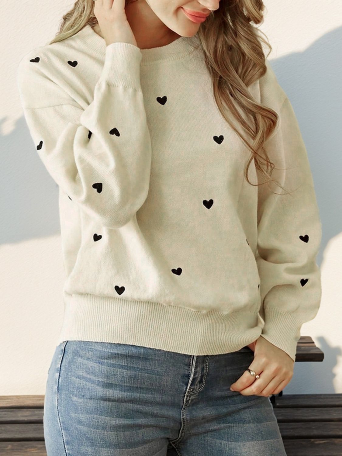 0243 Perfee Heart Round Neck Long Sleeve Knit Top