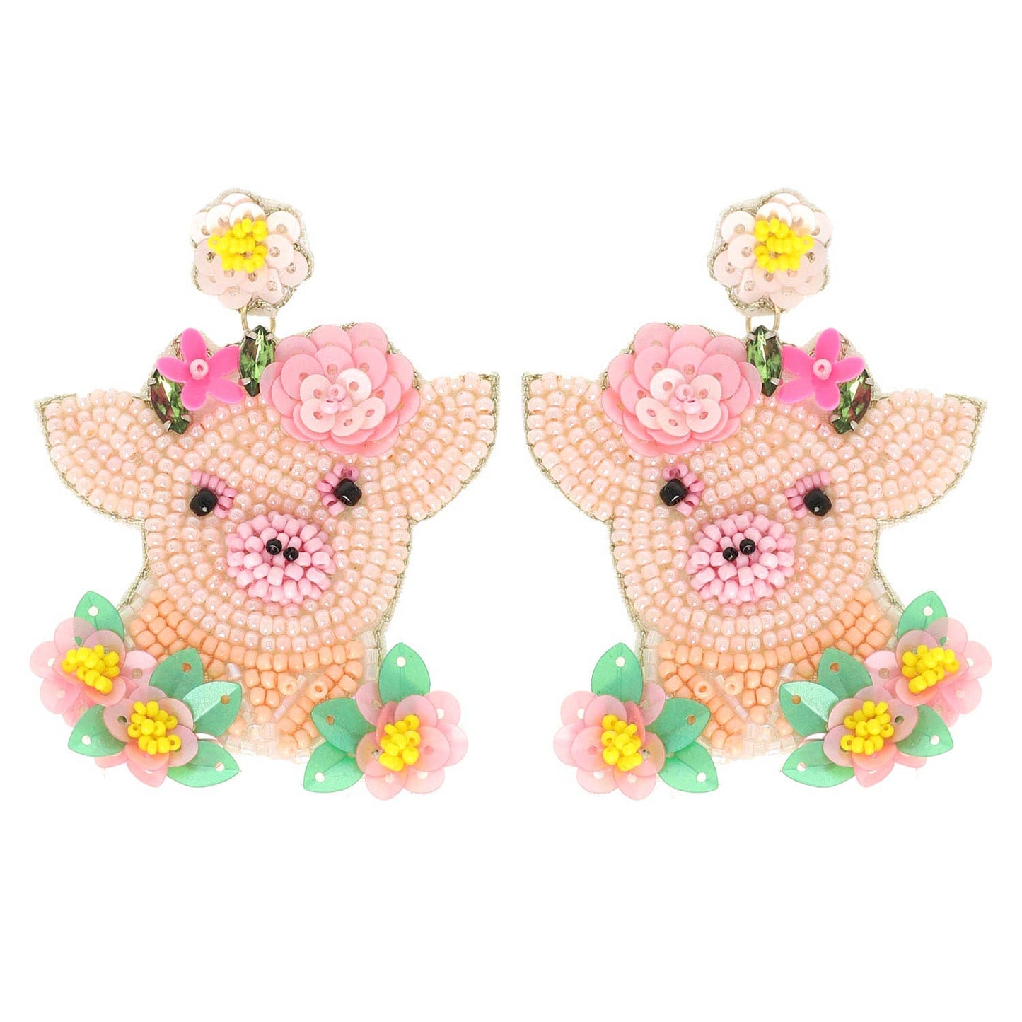 Farm Animal Pig Beaded Embroidery Sequin Earrings