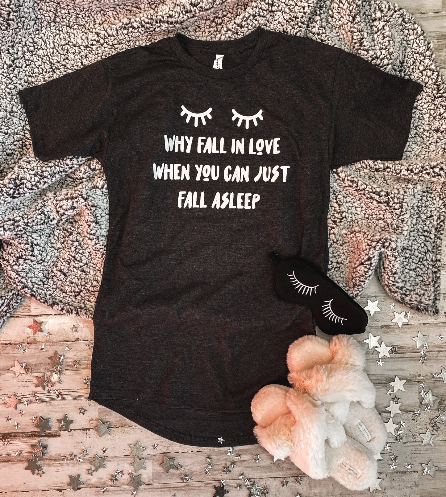 Why Fall In Love When You Can Just Fall Asleep Long Body Tee (Dark Grey Heather)