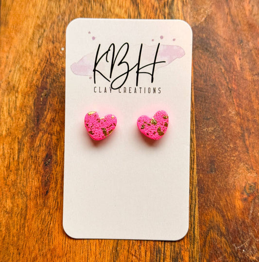 Hot Pink and Gold Heart Stud Clay Earrings