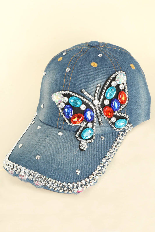 Butterfly Jeweled Blue Denim Cap