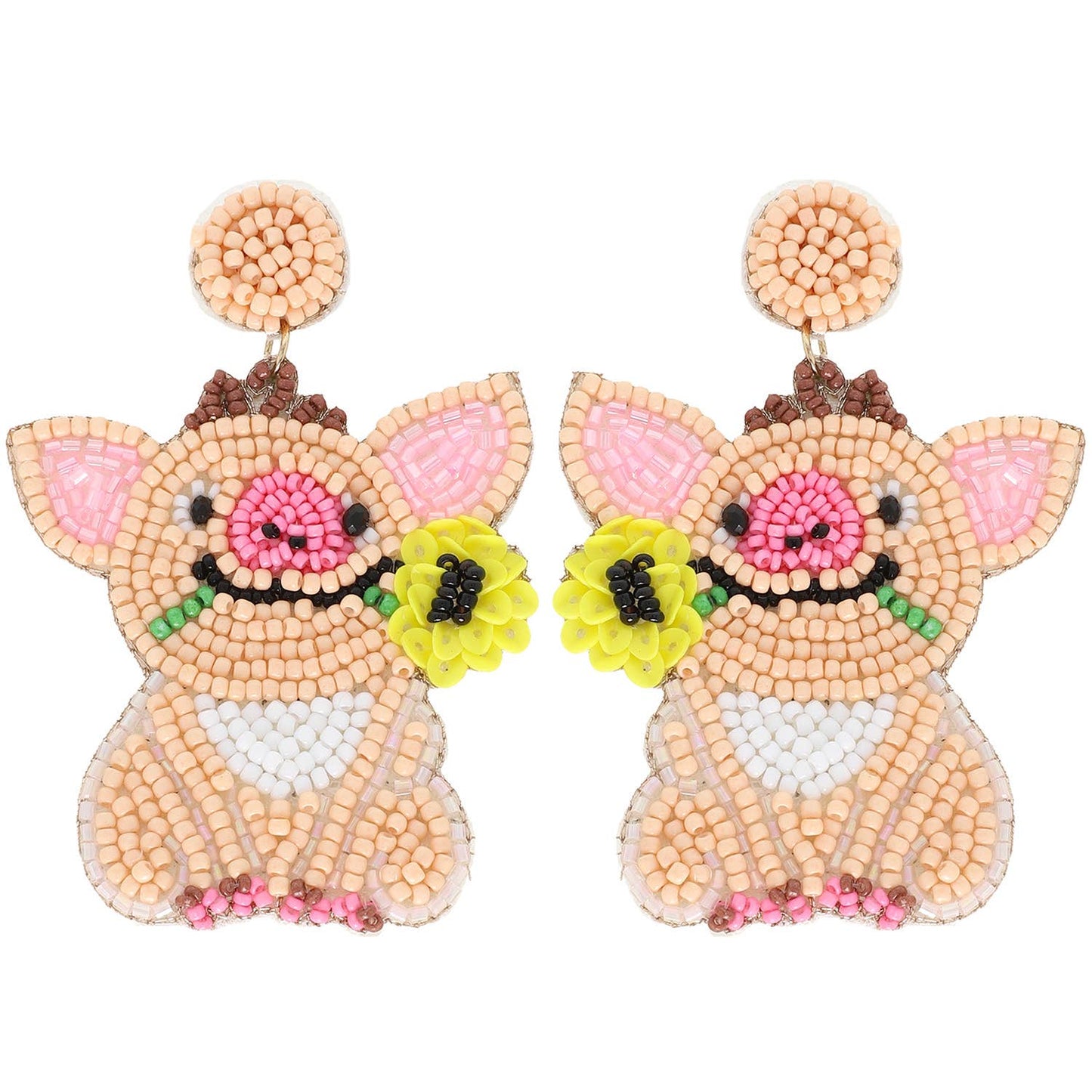 Farm Animal Pig Beaded Embroidery Earrings