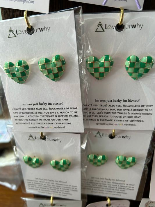 Lucky Checkered Heart Stud Earrings