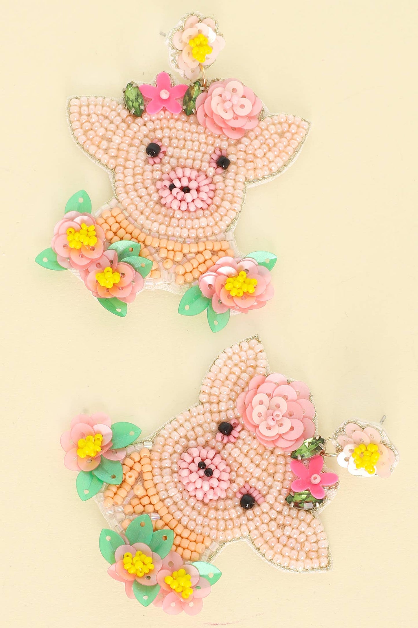 Farm Animal Pig Beaded Embroidery Sequin Earrings