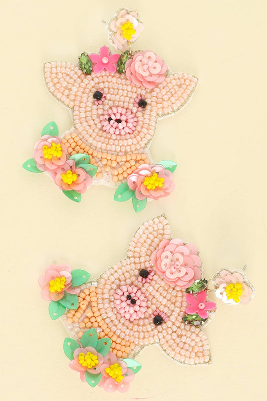 Farm Animal Pig Beaded Embroidery Sequin Earrings