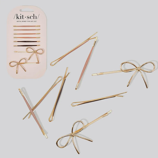 Metal Enamel Puffy & Bow Bobby Pins 8pc Set- Rosewood