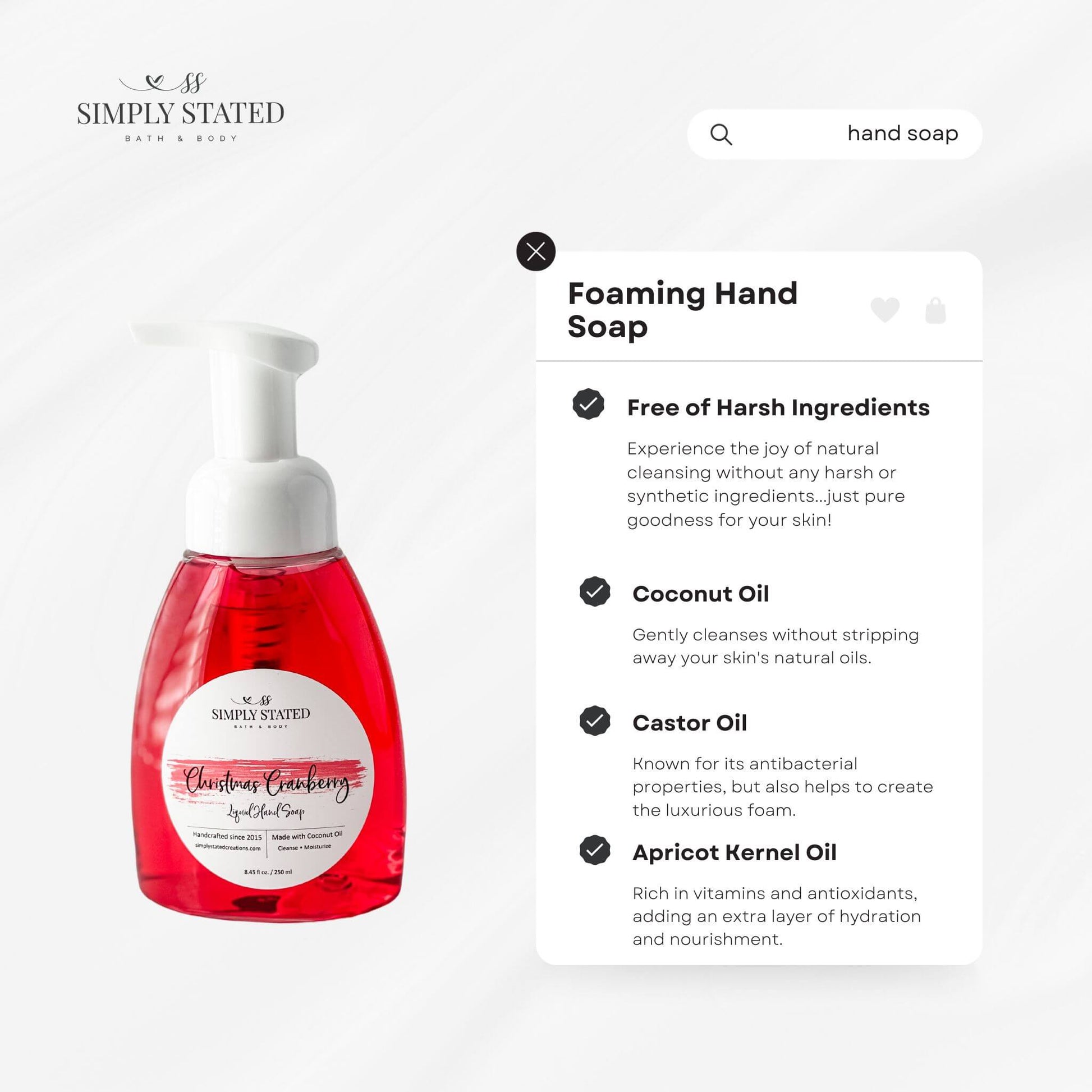 2023 Christmas Collection Liquid Hand Soap product features include free of harsh ingredients, made with coconut oil, castor oil, and apricot kernel oil.