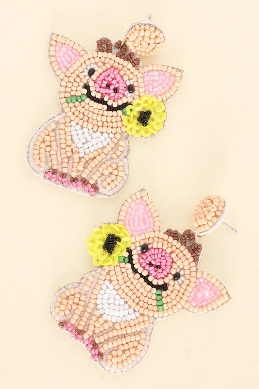 Farm Animal Pig Beaded Embroidery Earrings