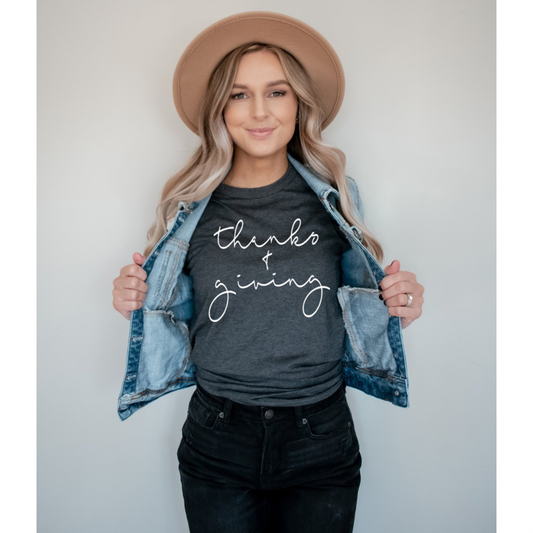 Thanks + Giving White Ink - Screen Print Transfer Graphic Tee